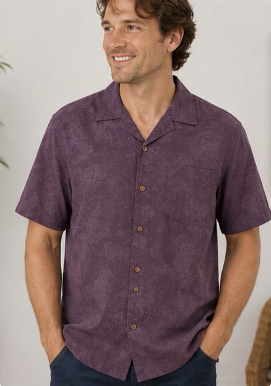 Caribbean Purple Silk Blend Hawaiian Camp Shirt Men’s Large Floral